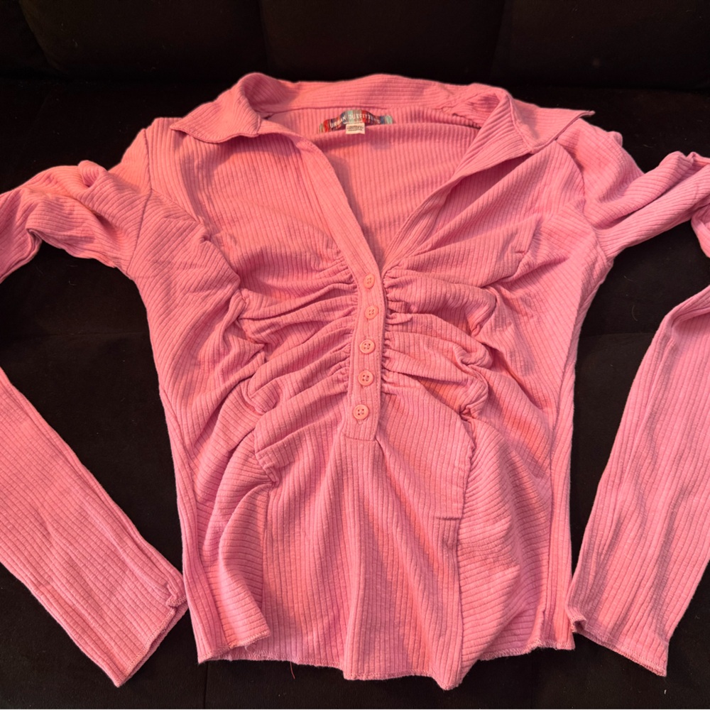 Urban Outfitters Pink Ribbed Ruched‎ Crop Top Long Sleeve NWOT